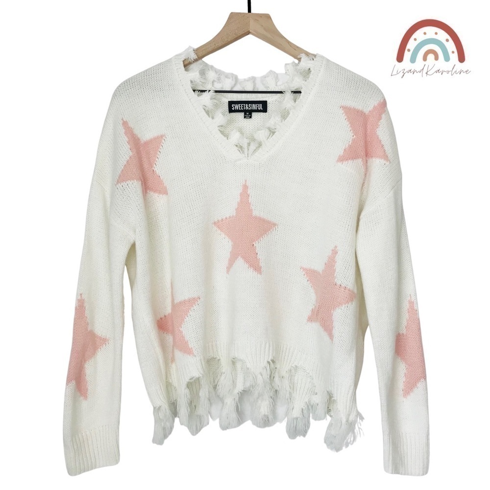Oversized Soft Knit Chewed Hem Pink Stars V Neck Sweater